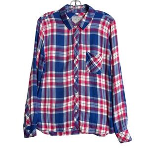 Rails Hunter Plaid Top Womens M Marina Blue Flamingo Pink Preppy Classic